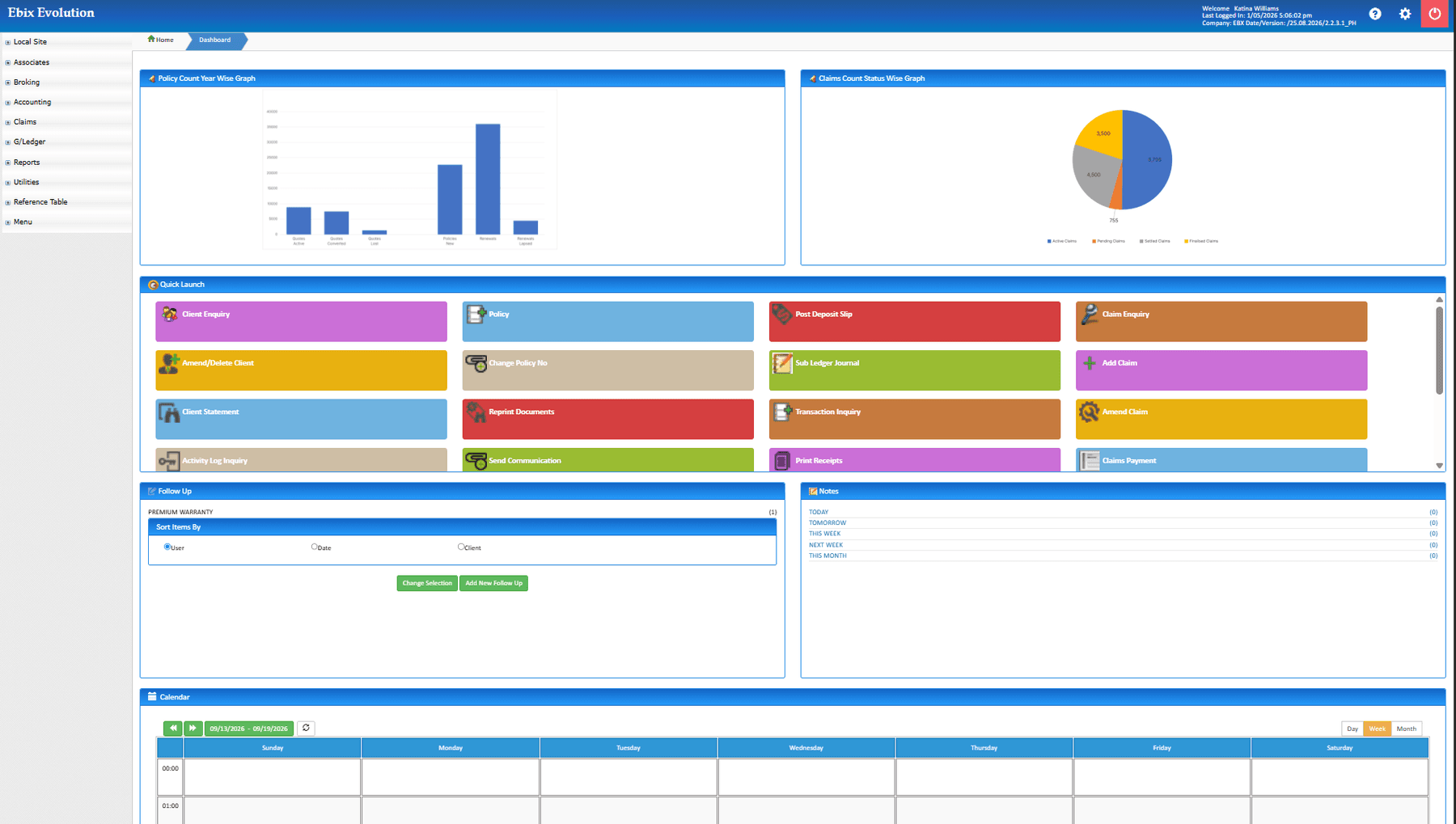 EbixEvolution configurable dashboard with diary and to-do lists