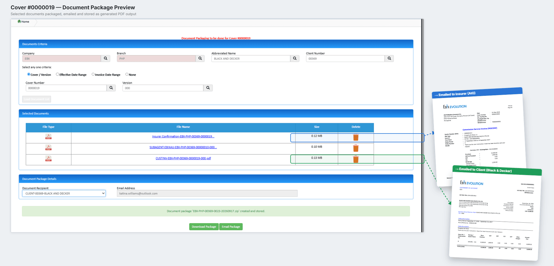 EbixEvolution document package preview and email
