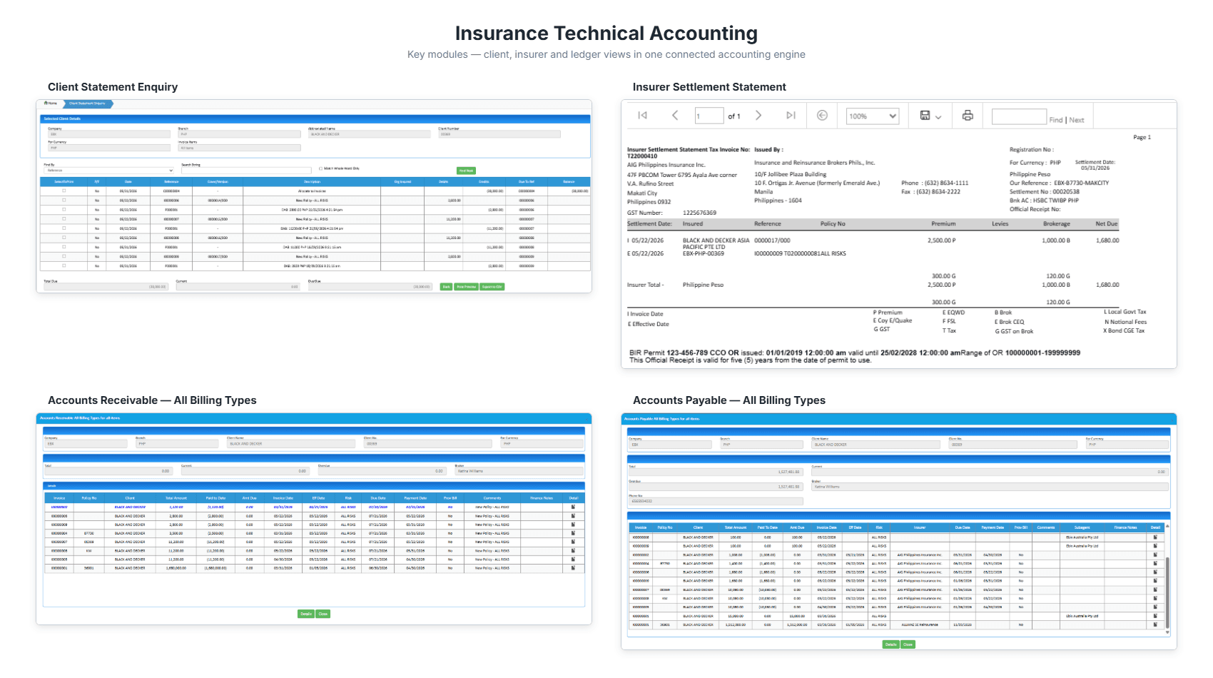 EbixEvolution insurance technical accounting: client statement, insurer settlement, receivables and payables
