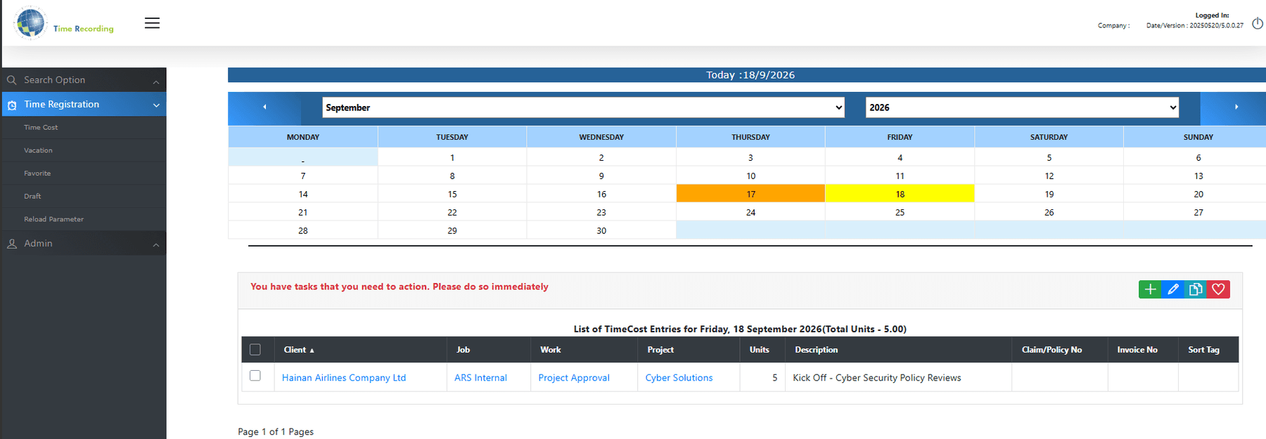 EbixEvolution Time Recording System calendar and entries